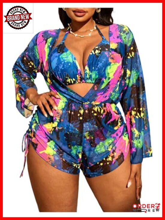 Other - Women's Plus Size 3 Piece Tropical Swimsuit Halter Triangle Bikini Set with